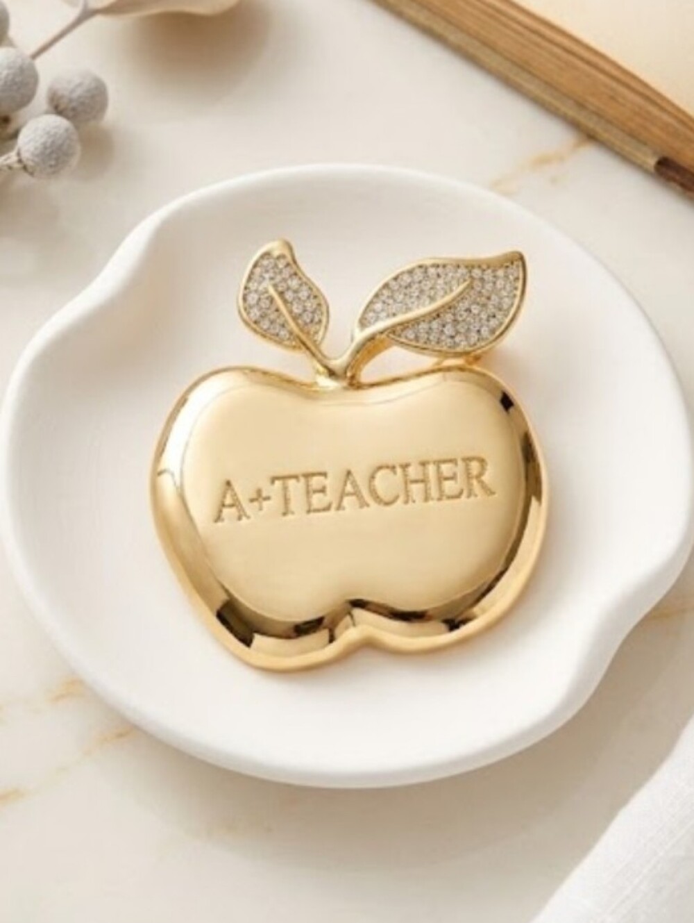 Gold Apple Brooch A+ Teacher Engraving